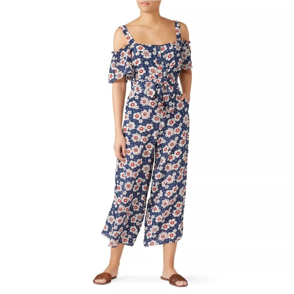 M.i.h. Jeans Silk Floral Off-Shoulder Blue/White Wide Leg Jumpsuit size Large